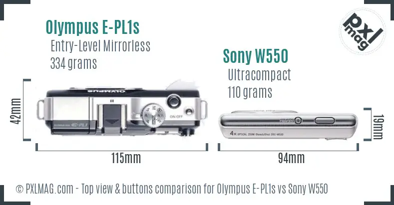 Olympus E-PL1s vs Sony W550 top view buttons comparison
