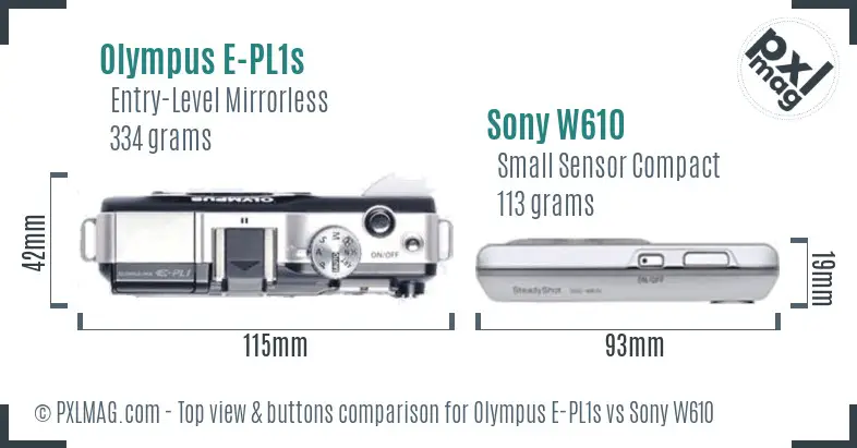 Olympus E-PL1s vs Sony W610 top view buttons comparison Olympus E-PL1s vs Sony W610 top view buttons comparison