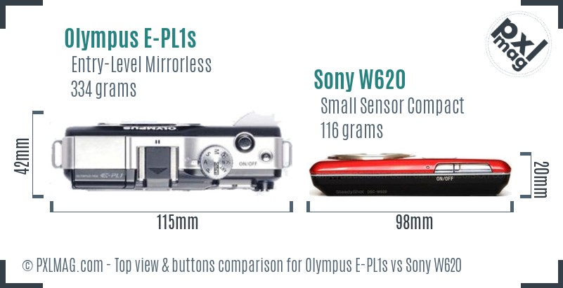 Olympus E-PL1s vs Sony W620 top view buttons comparison
