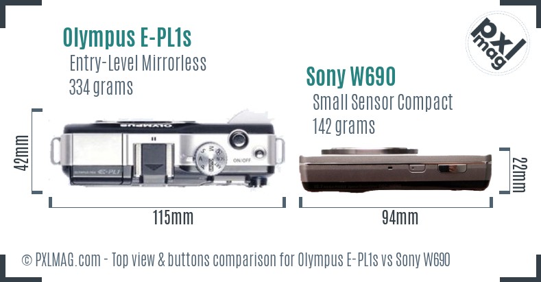 Olympus E-PL1s vs Sony W690 top view buttons comparison