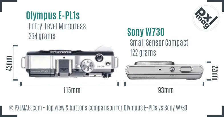 Olympus E-PL1s vs Sony W730 top view buttons comparison Olympus E-PL1s vs Sony W730 top view buttons comparison