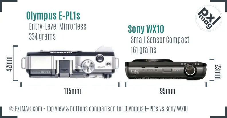 Olympus E-PL1s vs Sony WX10 top view buttons comparison