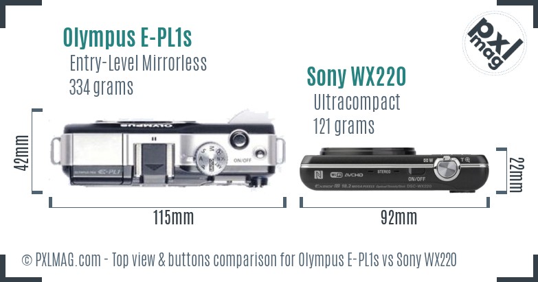 Olympus E-PL1s vs Sony WX220 top view buttons comparison
