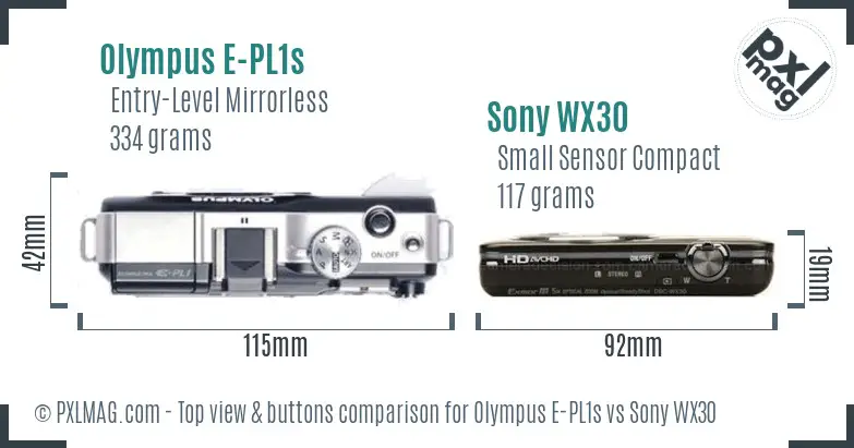 Olympus E-PL1s vs Sony WX30 top view buttons comparison Olympus E-PL1s vs Sony WX30 top view buttons comparison