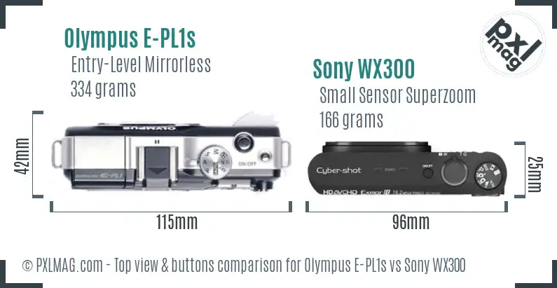 Olympus E-PL1s vs Sony WX300 top view buttons comparison Olympus E-PL1s vs Sony WX300 top view buttons comparison