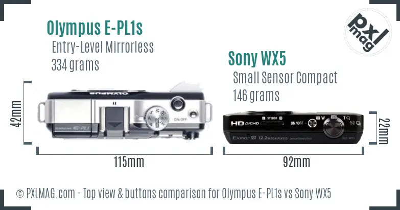 Olympus E-PL1s vs Sony WX5 top view buttons comparison