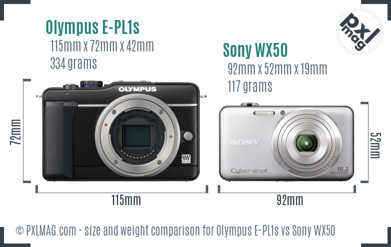 Olympus E-PL1s vs Sony WX50 size comparison Olympus E-PL1s vs Sony WX50 size comparison
