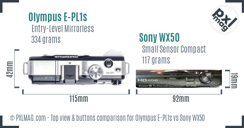 Olympus E-PL1s vs Sony WX50 top view buttons comparison