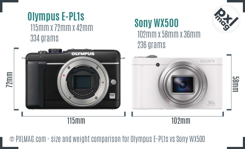 Olympus E-PL1s vs Sony WX500 size comparison