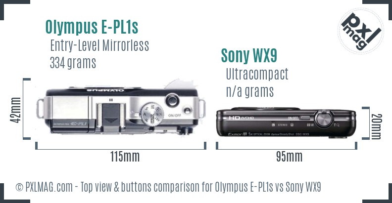 Olympus E-PL1s vs Sony WX9 top view buttons comparison