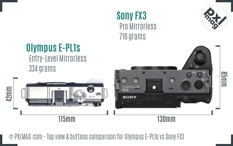 Olympus E-PL1s vs Sony FX3 top view buttons comparison