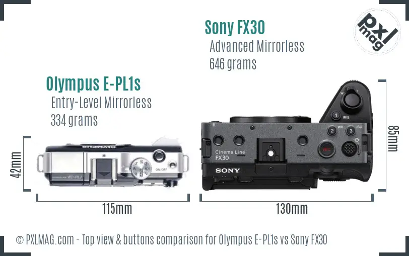 Olympus E-PL1s vs Sony FX30 top view buttons comparison