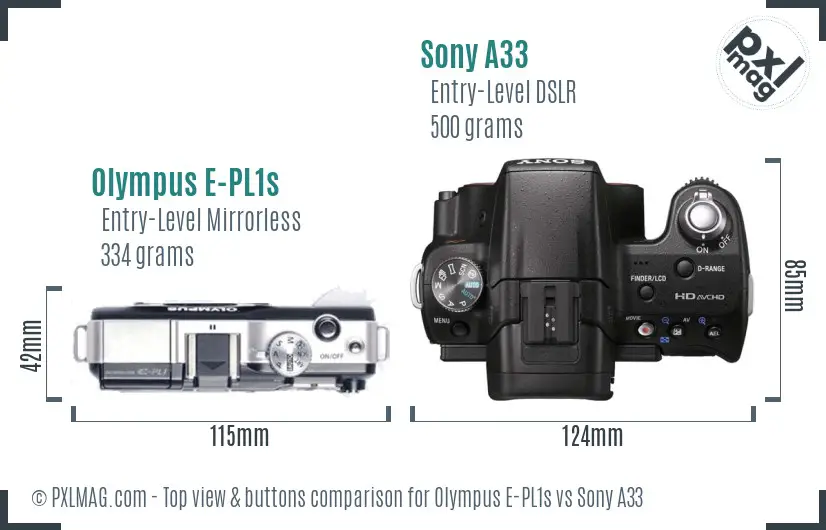 Olympus E-PL1s vs Sony A33 top view buttons comparison