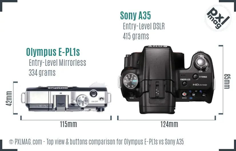 Olympus E-PL1s vs Sony A35 top view buttons comparison