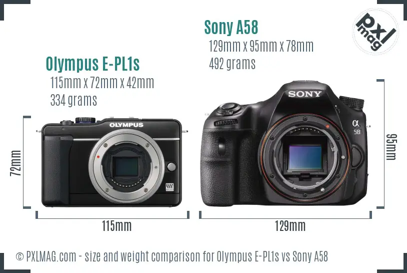 Olympus E-PL1s vs Sony A58 size comparison