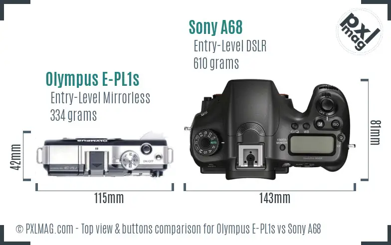 Olympus E-PL1s vs Sony A68 top view buttons comparison