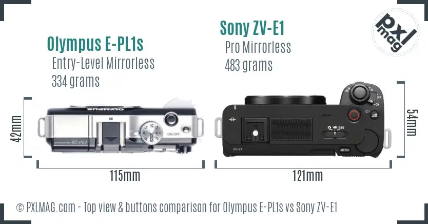 Olympus E-PL1s vs Sony ZV-E1 top view buttons comparison Olympus E-PL1s vs Sony ZV-E1 top view buttons comparison