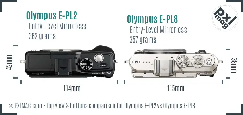 Olympus E-PL2 vs Olympus E-PL8 top view buttons comparison