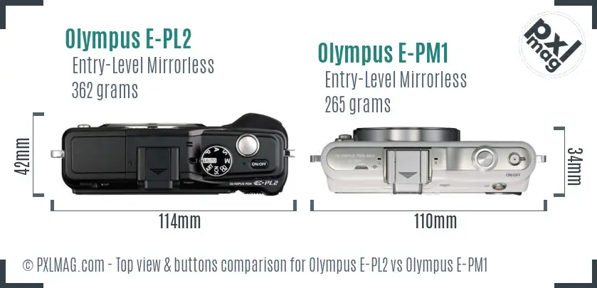 Olympus E-PL2 vs Olympus E-PM1 top view buttons comparison