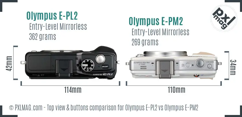 Olympus E-PL2 vs Olympus E-PM2 top view buttons comparison