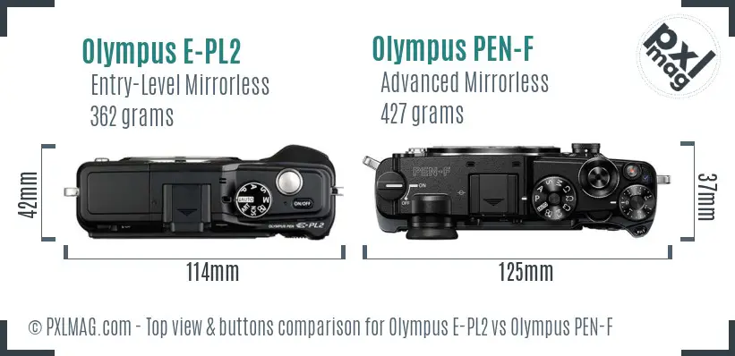 Olympus E-PL2 vs Olympus PEN-F top view buttons comparison