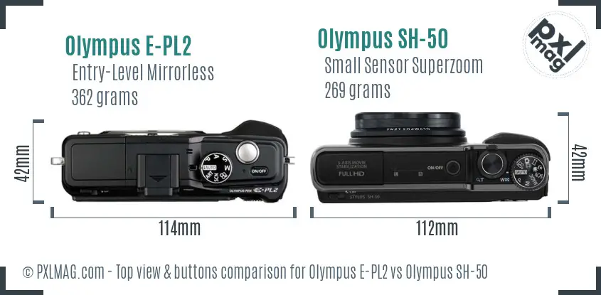 Olympus E-PL2 vs Olympus SH-50 top view buttons comparison