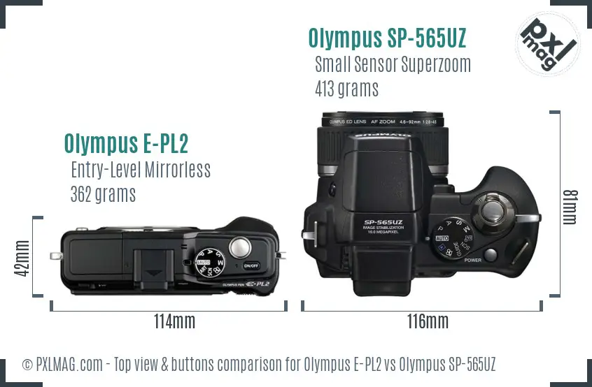 Olympus E-PL2 vs Olympus SP-565UZ top view buttons comparison