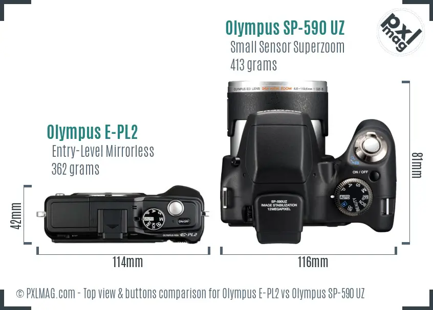 Olympus E-PL2 vs Olympus SP-590 UZ top view buttons comparison