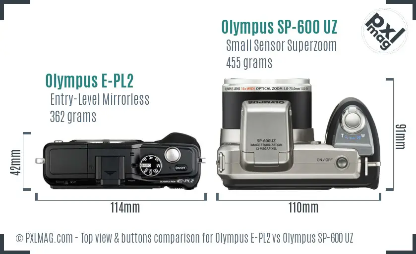 Olympus E-PL2 vs Olympus SP-600 UZ top view buttons comparison