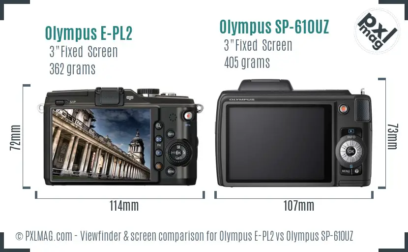 Olympus E-PL2 vs Olympus SP-610UZ Screen and Viewfinder comparison