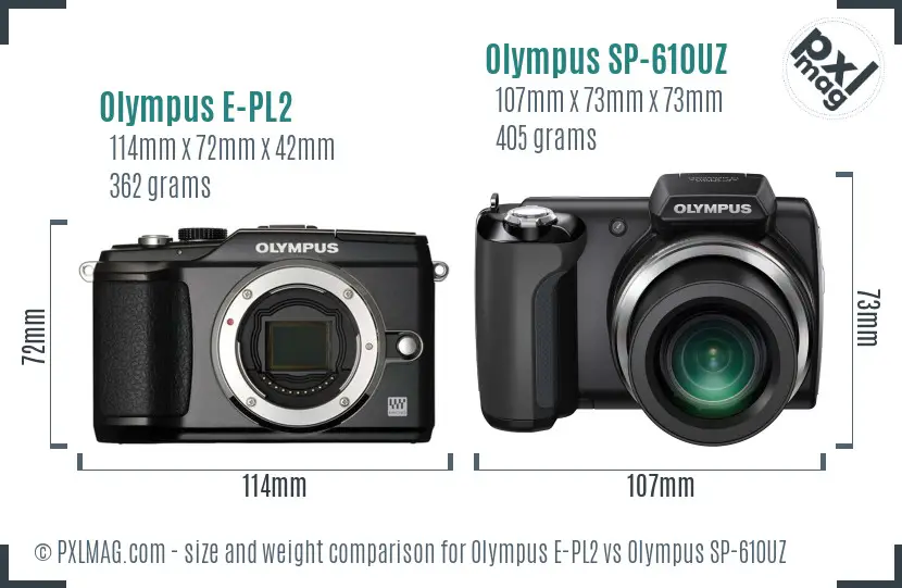 Olympus E-PL2 vs Olympus SP-610UZ size comparison