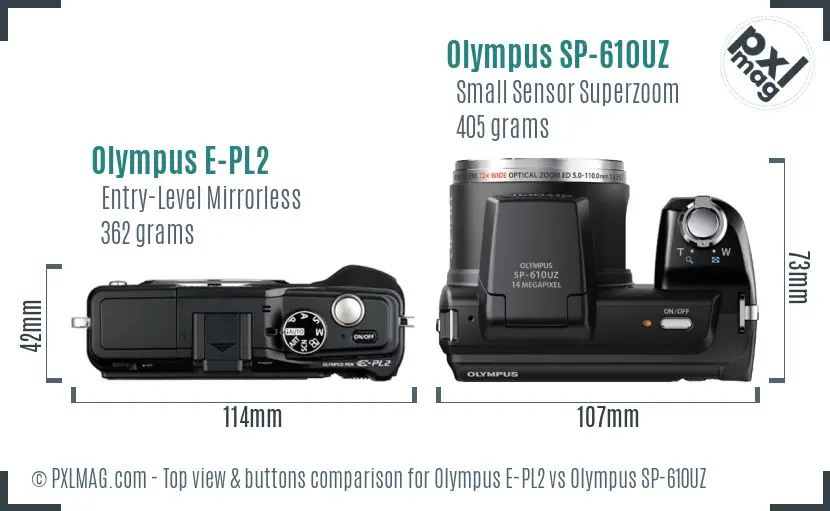 Olympus E-PL2 vs Olympus SP-610UZ top view buttons comparison