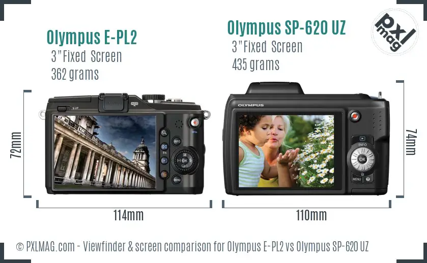 Olympus E-PL2 vs Olympus SP-620 UZ Screen and Viewfinder comparison