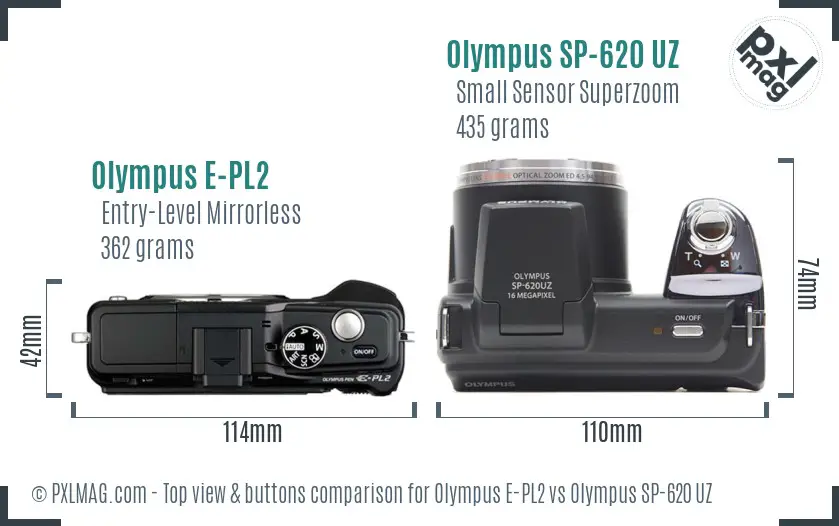 Olympus E-PL2 vs Olympus SP-620 UZ top view buttons comparison