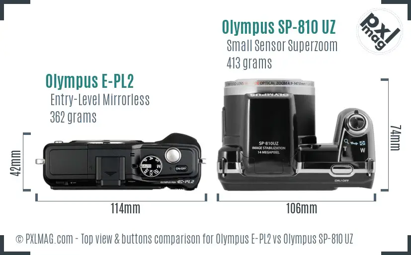 Olympus E-PL2 vs Olympus SP-810 UZ top view buttons comparison