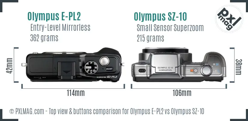 Olympus E-PL2 vs Olympus SZ-10 top view buttons comparison