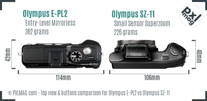 Olympus E-PL2 vs Olympus SZ-11 top view buttons comparison
