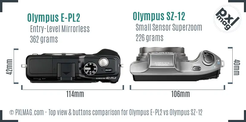 Olympus E-PL2 vs Olympus SZ-12 top view buttons comparison