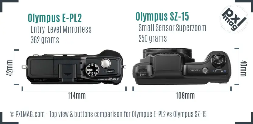 Olympus E-PL2 vs Olympus SZ-15 top view buttons comparison