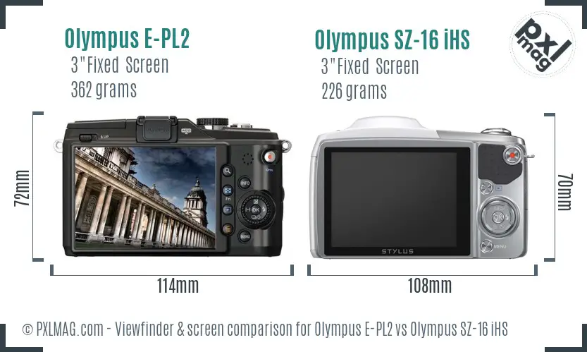 Olympus E-PL2 vs Olympus SZ-16 iHS Screen and Viewfinder comparison