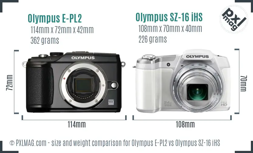 Olympus E-PL2 vs Olympus SZ-16 iHS size comparison