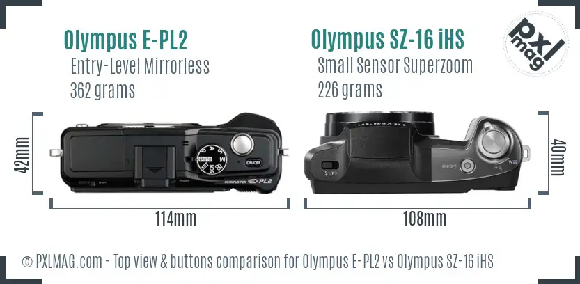 Olympus E-PL2 vs Olympus SZ-16 iHS top view buttons comparison