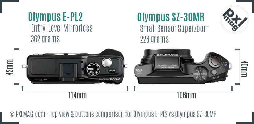 Olympus E-PL2 vs Olympus SZ-30MR top view buttons comparison