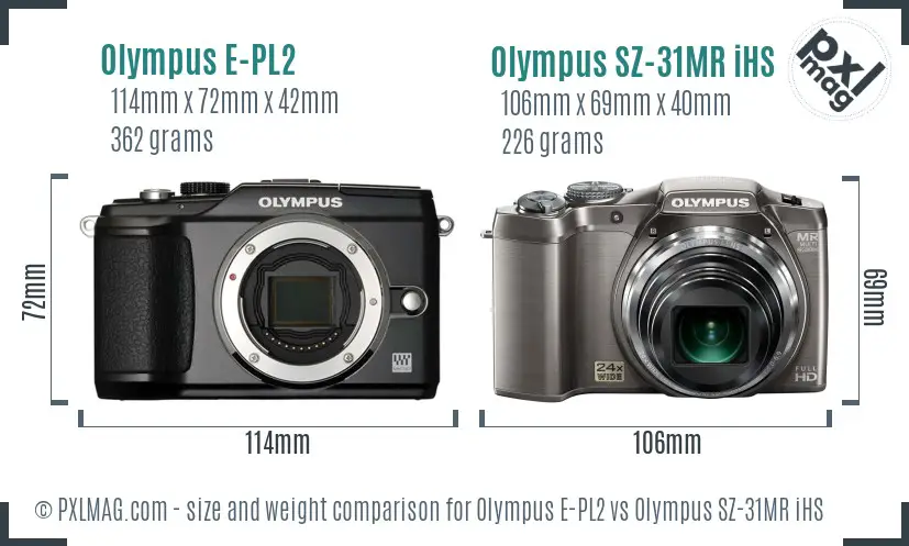 Olympus E-PL2 vs Olympus SZ-31MR iHS size comparison