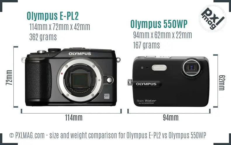 Olympus E-PL2 vs Olympus 550WP size comparison