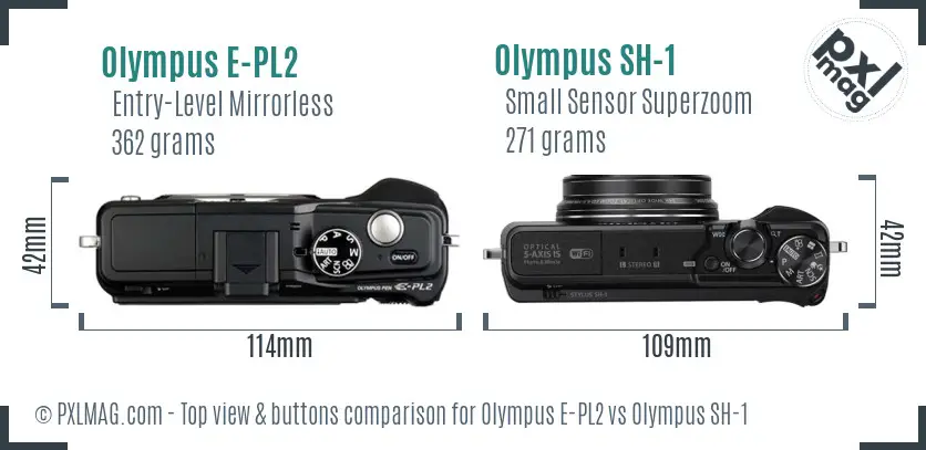 Olympus E-PL2 vs Olympus SH-1 top view buttons comparison