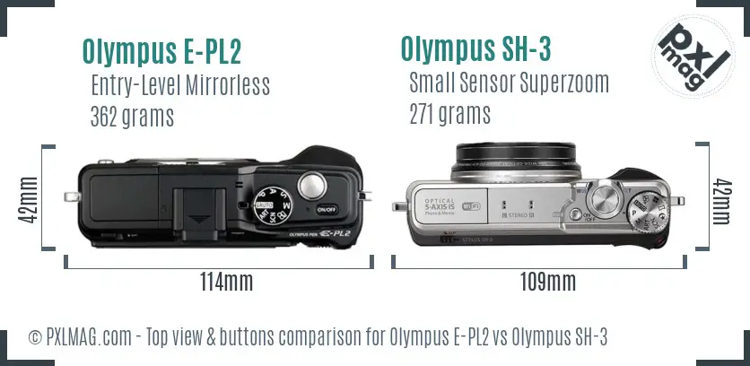 Olympus E-PL2 vs Olympus SH-3 top view buttons comparison