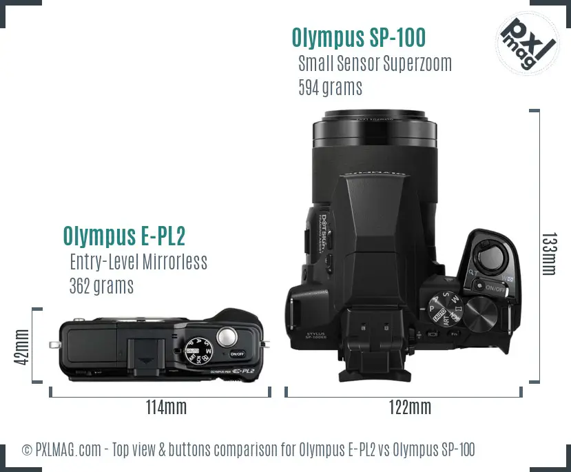 Olympus E-PL2 vs Olympus SP-100 top view buttons comparison