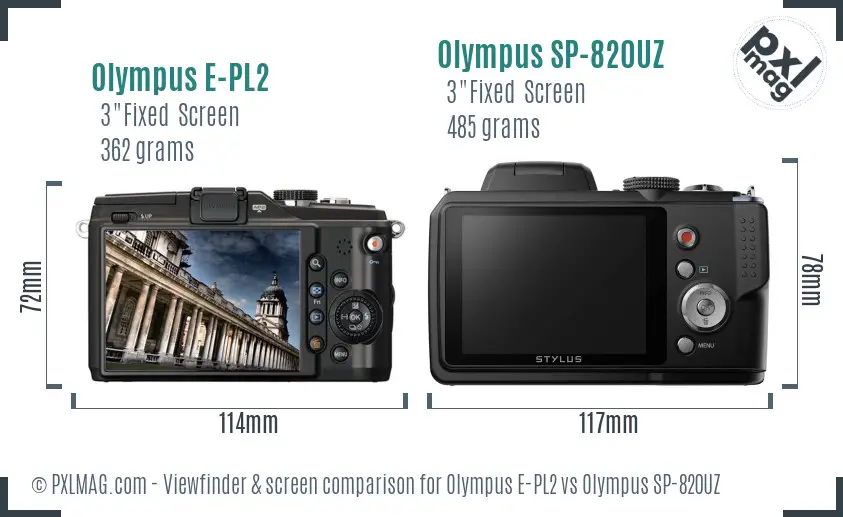 Olympus E-PL2 vs Olympus SP-820UZ Screen and Viewfinder comparison