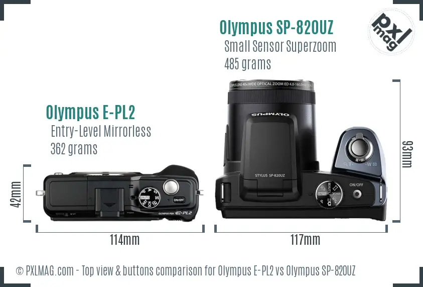 Olympus E-PL2 vs Olympus SP-820UZ top view buttons comparison